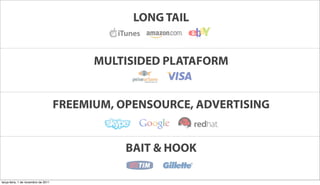 LONG TAIL


                                           MULTISIDED PLATAFORM


                                     FREEMIUM, OPENSOURCE, ADVERTISING


                                                BAIT & HOOK

terça-feira, 1 de novembro de 2011
 