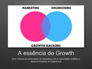 A essência do Growth
Uma mistura da criatividade do marketing com a capacidade analítica e
desenvolvimento da engenharia
 