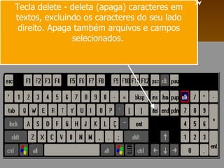 Tecla delete - deleta (apaga) caracteres em textos, excluindo os caracteres do seu lado direito. Apaga também arquivos e campos selecionados.   