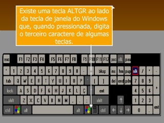 Existe uma tecla ALTGR ao lado da tecla de janela do Windows que, quando pressionada, digita o terceiro caractere de algumas teclas. 