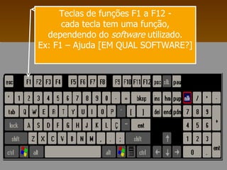 Teclas de funções F1 a F12 - cada tecla tem uma função, dependendo do  software  utilizado. Ex: F1 – Ajuda [EM QUAL SOFTWARE?] 