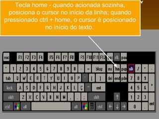 Tecla home - quando acionada sozinha,
  posiciona o cursor no início da linha; quando
pressionado ctrl + home, o cursor é posicionado
               no início do texto.
 