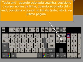 Tecla end - quando acionada sozinha, posiciona
 o cursor no fim da linha; quando acionado ctrl +
end, posiciona o cursor no fim do texto, isto é, na
                  última página.
 