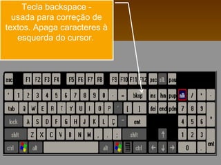 Tecla backspace -
usada para correção de
textos. Apaga caracteres à
esquerda do cursor.
 