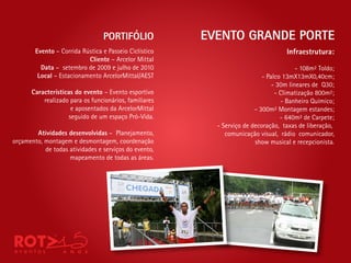 PORTIFÓLIO            EVENTO GRANDE PORTE
        Evento – Corrida Rústica e Passeio Ciclístico                               Infraestrutura:
                           Cliente – Arcelor Mittal
          Data – setembro de 2009 e julho de 2010                                       - 108m² Toldo;
         Local – Estacionamento ArcelorMittal/AEST                         - Palco 13mX13mX0,40cm;
                                                                               - 30m lineares de Q30;
       Características do evento – Evento esportivo                             - Climatização 800m²;
           realizado para os funcionários, familiares                             - Banheiro Químico;
                      e aposentados da ArcelorMittal                    - 300m² Montagem estandes;
                     seguido de um espaço Pró-Vida.                               - 640m² de Carpete;
                                                          - Serviço de decoração, taxas de liberação,
        Atividades desenvolvidas – Planejamento,             comunicação visual, rádio comunicador,
orçamento, montagem e desmontagem, coordenação                          show musical e recepcionista.
           de todas atividades e serviços do evento,
                    mapeamento de todas as áreas.
 