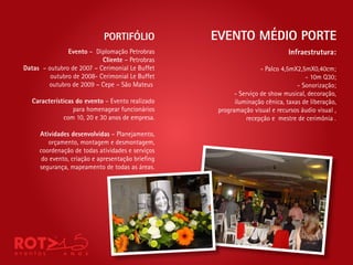 PORTIFÓLIO            EVENTO MÉDIO PORTE
               Evento – Diplomação Petrobras                                 Infraestrutura:
                           Cliente – Petrobras
Datas – outubro de 2007 – Cerimonial Le Buffet                     - Palco 4,5mX2,5mX0,40cm;
         outubro de 2008- Cerimonial Le Buffet                                     - 10m Q30;
        outubro de 2009 – Cepe – São Mateus                                     - Sonorização;
                                                         - Serviço de show musical, decoração,
   Características do evento – Evento realizado          iluminação cênica, taxas de liberação,
                  para homenagear funcionários     programação visual e recursos áudio visual ,
              com 10, 20 e 30 anos de empresa.               recepção e mestre de cerimônia .

     Atividades desenvolvidas – Planejamento,
        orçamento, montagem e desmontagem,
     coordenação de todas atividades e serviços
      do evento, criação e apresentação brie ng
     segurança, mapeamento de todas as áreas.
 