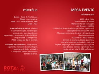 PORTIFÓLIO                                      MEGA EVENTO
                                                                                      Infraestrutura:
             Evento – Festa de Final de Ano
                    Cliente – ArcelorMittal                                         - 4.800 m2 de Toldo;
          Data – 12 e 13 de Dezembro 2009                                   - 259 m lineares de balcão;
                               Local - AEST                            - Montagem Palco/Sonorização;
                                                                                - 02 Geradores 150KVA;
        Características do evento – Evento      - 03 Pórticos de entrada (principal, ônibus e pedestres);
        de Confraternização, realizado para                       - Decoração toldos com 30.000 bolas;
            funcionários e seus dependentes,         - Montagem enfermaria, berçário e brinquedoteca;
aposentados e pensionistas da ArcelorMittal,                                       - Banheiros químicos;
              um público de 15.000 pessoas                              - 1000 mesas e 4.800 cadeiras;
         ( 7.500 pessoas por dia de evento ).               - Serviços de churrasco, bebida, guarnição,
                                                           recreação, manutenção hidráulica e elétrica,
  Atividades desenvolvidas – Planejamento,         limpeza, segurança, estacionamento, pipoca, picolé,
     orçamento, montagem e desmontagem,                       água de coco, recepção e produção shows
            coordenação de todas atividades                   envolvendo um total de 600 pro ssionais.
          e serviços do evento, mapeamento
                           de todas as áreas.
 