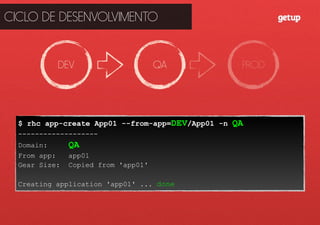 $ rhc app-create App01 --from-app=DEV/App01 -n QA
-------------------
Domain: QA
From app: app01
Gear Size: Copied from 'app01'
Creating application 'app01' ... done
DEV QA PROD
CICLO DE DESENVOLVIMENTO
 