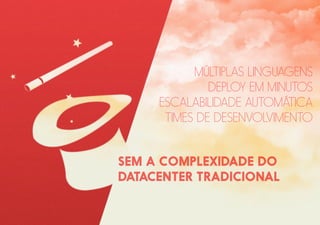 MÚLTIPLAS LINGUAGENS
DEPLOY EM MINUTOS
ESCALABILIDADE AUTOMÁTICA
TIMES DE DESENVOLVIMENTO
SEM A COMPLEXIDADE DO
DATACENTER TRADICIONAL
 