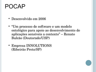 POCAP Desenvolvido em 2006 “ Um processo de software e um modelo ontológico para apoio ao desenvolvimento de aplicações sensíveis a contexto” – Renato Bulcão (Doutorado/USP) Empresa INNOLUTIONS (Ribeirão Preto/SP) 