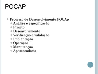 POCAP Processo de Desenvolvimento POCAp Análise e especificação  Projeto Desenvolvimento Verificação e validação Implantação Operação Manutenção Aposentadoria 