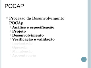 POCAP Processo de Desenvolvimento POCAp Análise e especificação  Projeto Desenvolvimento Verificação e validação Implantação Operação Manutenção Aposentadoria 