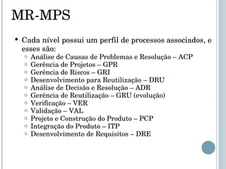 MR-MPS Cada nível possui um perfil de processos associados, e esses são: Análise de Causas de Problemas e Resolução – ACP Gerência de Projetos – GPR  Gerência de Riscos – GRI Desenvolvimento para Reutilização – DRU Análise de Decisão e Resolução – ADR Gerência de Reutilização – GRU (evolução) Verificação – VER Validação – VAL Projeto e Construção do Produto – PCP Integração do Produto – ITP Desenvolvimento de Requisitos – DRE 