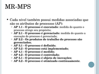 MR-MPS Cada nível também possui medidas associadas que são os atributos de processos (AP): AP 1.1 - O processo é executado : medida do quanto o processo atinge seu propósito; AP 2.1 - O processo é gerenciado : medida do quanto a execução do processo é gerenciada; AP 2.2 - Os produtos de trabalho do processo são gerenciados ; AP 3.1 - O processo é definido ; AP 3.2 - O processo está implementado ; AP 4.1 - O processo é medido ; AP 4.2 - O processo é controlado ; AP 5.1 - O processo é objeto de inovações ; AP 5.2 - O processo é otimizado continuamente . 