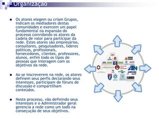 Organização

   Os atores elegem ou criam Grupos,
    indicam os mediadores destas
    comunidades e exercem um papel
    fundamental na expansão do
    processo convidando os atores da
    cadeia de valor para participar da
    rede. Estes atores são empresários,
    consultores, pesquisadores, líderes
    políticos, profissionais,
    fornecedores, clientes, professores,
    alunos, enfim todo os tipos de
    pessoas que interagem com os
    objetivos da rede.

   Ao se inscreverem na rede, os atores
    definem seus perfis declarando seus
    interesses, participam de fóruns de
    discussão e compartilham
    conteúdos.

   Neste processo, vão definindo seus
    interesses e o Administrador geral
    gerencia a rede como um todo na
    conseçução de seus objetivos.
 