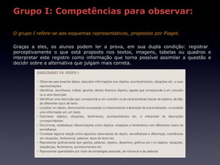 Grupo I: Competências para observar:

O grupo I refere-se aos esquemas representativos, propostos por Piaget.

Graças a eles, os alunos podem ler a prova, em sua dupla condição: registrar
perceptivamente o que está proposto nos textos, imagens, tabelas ou quadros e
interpretar este registro como informação que torna possível assimilar a questão e
decidir sobre a alternativa que julgam mais correta.
 