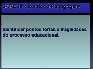 SARESP : Relatório Pedagógico



Identificar pontos fortes e fragilidades
do processo educacional.
 