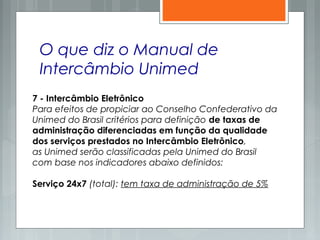 O que diz o Manual de
Intercâmbio Unimed
7 - Intercâmbio Eletrônico
Para efeitos de propiciar ao Conselho Confederativo da
Unimed do Brasil critérios para definição de taxas de
administração diferenciadas em função da qualidade
dos serviços prestados no Intercâmbio Eletrônico,
as Unimed serão classificadas pela Unimed do Brasil
com base nos indicadores abaixo definidos:
Serviço 24x7 (total): tem taxa de administração de 5%
 