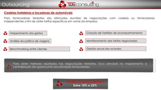 Outsourcing
Cadeias hoteleiras e locadoras de automóveis
Para fornecedores terrestres são efetuadas reuniões de negociações com cadeias ou fornecedores
independentes a fim de obter tarifas específicas em nome da empresa.
Para obter melhores resultados nas negociações terrestres, foco principal no mapeamento e
centralização dos gastos junto aos principais fornecedores.
POTENCIA DE ECONOMIA
Entre 10% e 25%
Mapeamento dos gastos Criação de Tarifário de acompanhamento
Análise da politica de viagens
Benchmarking entre clientes
Monitoramento das tarifas negociadas
Gestão anual dos acordos
 