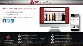 6 razões para ser
nosso cliente
Melhorias em processos
Diagnóstico em Gestão de Viagens
Potencial de Economia
Reestruturação do Fee
Maior controle de gastos
Redução de custos
Obrigado
teeconsulting.com.br
55 11 3729.4291
teeconsulting@teeconsulting.com.br
Mauricio Paganotto Carvalho
 