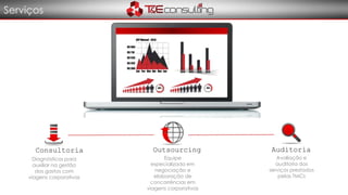 Consultoria
Diagnósticos para
auxiliar na gestão
dos gastos com
viagens corporativas
Auditoria
Avaliação e
auditoria dos
serviços prestados
pelas TMCs
Outsourcing
Equipe
especializada em
negociação e
elaboração de
concorrências em
viagens corporativas
Serviços
 
