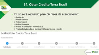 14. Obter Credito Terra Brasil
• Fluxo será reduzido para 06 fases de atendimento:
• 1-Solicitação;
• 2-Análise Estadual;
• 3-Análise Federal;
• 4-Análise Financeira;
• 5-Ajustes de correções e pendências; e
• 6-Finalização (Liberação de Escritura Pública de Compra e Venda)
 