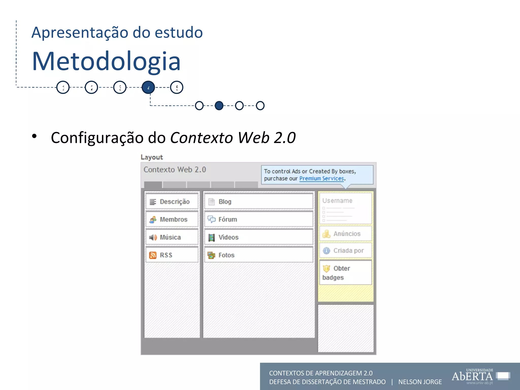 Apresentação do estudo Metodologia Configuração do  Contexto Web 2.0 1 2 3 4 5 CONTEXTOS DE APRENDIZAGEM 2.0 DEFESA DE DISSERTAÇÃO DE MESTRADO  |  NELSON JORGE  