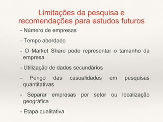 - Número de empresas
- Tempo abordado
- O Market Share pode representar o tamanho da
empresa
- Utilização de dados secundários
- Perigo das casualidades em pesquisas
quantitativas
- Separar empresas por setor ou localização
geográfica
- Etapa qualitativa
Limitações da pesquisa e
recomendações para estudos futuros
 