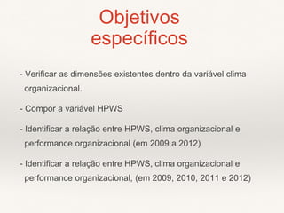 - Verificar as dimensões existentes dentro da variável clima
organizacional.
- Compor a variável HPWS
- Identificar a relação entre HPWS, clima organizacional e
performance organizacional (em 2009 a 2012)
- Identificar a relação entre HPWS, clima organizacional e
performance organizacional, (em 2009, 2010, 2011 e 2012)
Objetivos
específicos
 