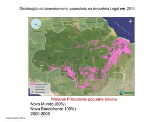 Distribuição do desmatamento acumulado na Amazônia Legal em 2011.

Maiores Produtores pecuária bovina
Novo Mundo (80%)
Nova Bandeirante 100%)
2000-2008
Fonte: Imazon, 2013.

 