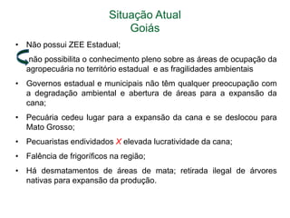 Situação Atual
Goiás
• Não possui ZEE Estadual;

não possibilita o conhecimento pleno sobre as áreas de ocupação da
agropecuária no território estadual e as fragilidades ambientais
• Governos estadual e municipais não têm qualquer preocupação com
a degradação ambiental e abertura de áreas para a expansão da
cana;
• Pecuária cedeu lugar para a expansão da cana e se deslocou para
Mato Grosso;
• Pecuaristas endividados X elevada lucratividade da cana;
• Falência de frigoríficos na região;
• Há desmatamentos de áreas de mata; retirada ilegal de árvores
nativas para expansão da produção.

 