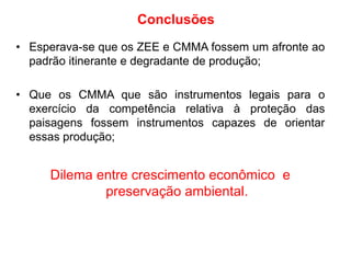 Conclusões
• Esperava-se que os ZEE e CMMA fossem um afronte ao
padrão itinerante e degradante de produção;

• Que os CMMA que são instrumentos legais para o
exercício da competência relativa à proteção das
paisagens fossem instrumentos capazes de orientar
essas produção;

Dilema entre crescimento econômico e
preservação ambiental.

 