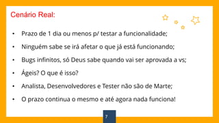 7
• Prazo de 1 dia ou menos p/ testar a funcionalidade;
• Ninguém sabe se irá afetar o que já está funcionando;
• Bugs infinitos, só Deus sabe quando vai ser aprovada a vs;
• Ágeis? O que é isso?
• Analista, Desenvolvedores e Tester não são de Marte;
• O prazo continua o mesmo e até agora nada funciona!
Cenário Real:
 