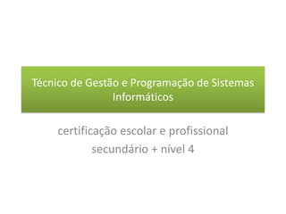 Técnico de Gestão e Programação de Sistemas
                Informáticos

    certificação escolar e profissional
            secundário + nível 3
 