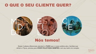 Esses 3 pilares diferenciais atendem a TUDO que o nosso público-alvo, famílias que
amam a Tijuca, precisa para VIVER FELIZ PARA SEMPRE e em seu bairro do coração.
O QUE O SEU CLIENTE QUER?
MOBILIDADE TOTAL
E CONVENIÊNCIA DE
TODAS AS MANEIRAS
PLANTAS
INTELIGENTES PARA
TODOS OS ESTILOS
LAZER SUPERIOR,
INDENPENDENTE E
MULTIFUNCIONAL
Nós temos!
 