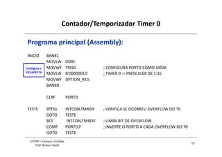Contador/Temporizador Timer 0
10
UTFPR – Campus Curitiba
Prof. Amauri Assef
Programa principal (Assembly):
INICIO BANK1
MOVLW 0X00
MOVWF TRISD ; CONFIGURA PORTD COMO SAÍDA
MOVLW B'00000011‘ ; TIMER 0 -> PRESCALER DE 1:16
MOVWF OPTION_REG
BANK0
CLRF PORTD
TESTE BTFSS INTCON,TMR0IF ; VERIFICA SE OCORREU OVERFLOW DO T0
GOTO TESTE
BCF INTCON,TMR0IF ; LIMPA BIT DE OVERFLOW
COMF PORTD,F ; INVERTE O PORTD A CADA OVERFLOW DO T0
GOTO TESTE
Configura o
PIC16F877A
 