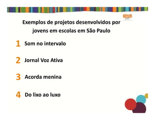 Exemplos de projetos desenvolvidos por
jovens em escolas em São Paulo
Som no intervalo1
Jornal Voz Ativa2 Jornal Voz Ativa2
Do lixo ao luxo4
Acorda menina3
 