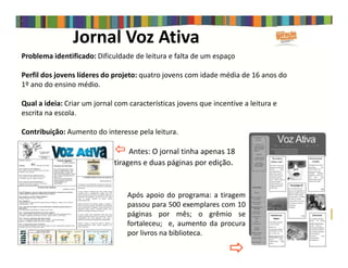 Jornal Voz Ativa
Problema identificado: Dificuldade de leitura e falta de um espaço
Perfil dos jovens líderes do projeto: quatro jovens com idade média de 16 anos do
1º ano do ensino médio.
Qual a ideia: Criar um jornal com características jovens que incentive a leitura e
escrita na escola.
Contribuição: Aumento do interesse pela leitura.Contribuição: Aumento do interesse pela leitura.
Antes: O jornal tinha apenas 18
tiragens e duas páginas por edição.
Após apoio do programa: a tiragem
passou para 500 exemplares com 10
páginas por mês; o grêmio se
fortaleceu; e, aumento da procura
por livros na biblioteca.
 