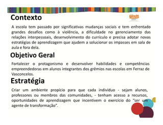 Objetivo Geral
Fortalecer o protagonismo e desenvolver habilidades e competências
A escola tem passado por significativas mudanças sociais e tem enfrentado
grandes desafios como à violência, a dificuldade no gerenciamento das
relações interpessoais, desenvolvimento do currículo e precisa adotar novas
estratégias de aprendizagem que ajudem a solucionar os impasses em sala de
aula e fora dela.
Contexto
Fortalecer o protagonismo e desenvolver habilidades e competências
empreendedoras em alunos integrantes dos grêmios nas escolas em Ferraz de
Vasconcelos.
Criar um ambiente propício para que cada indivíduo - sejam alunos,
professores ou membros das comunidades, - tenham acesso a recursos,
oportunidades de aprendizagem que incentivem o exercício do “ser um
agente de transformação”.
Estratégia
 