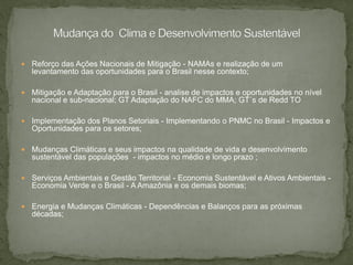  Reforço das Ações Nacionais de Mitigação - NAMAs e realização de um
levantamento das oportunidades para o Brasil nesse contexto;
 Mitigação e Adaptação para o Brasil - analise de impactos e oportunidades no nível
nacional e sub-nacional; GT Adaptação do NAFC do MMA; GT´s de Redd TO
 Implementação dos Planos Setoriais - Implementando o PNMC no Brasil - Impactos e
Oportunidades para os setores;
 Mudanças Climáticas e seus impactos na qualidade de vida e desenvolvimento
sustentável das populações - impactos no médio e longo prazo ;
 Serviços Ambientais e Gestão Territorial - Economia Sustentável e Ativos Ambientais -
Economia Verde e o Brasil - A Amazônia e os demais biomas;
 Energia e Mudanças Climáticas - Dependências e Balanços para as próximas
décadas;
 