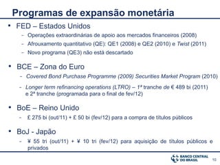 Programas de expansão monetária
• FED – Estados Unidos
   −   Operações extraordinárias de apoio aos mercados financeiros (2008)
   −   Afrouxamento quantitativo (QE): QE1 (2008) e QE2 (2010) e Twist (2011)
   −   Novo programa (QE3) não está descartado

• BCE – Zona do Euro
   −   Covered Bond Purchase Programme (2009) Securities Market Program (2010)
   −   Longer term refinancing operations (LTRO) – 1ª tranche de € 489 bi (2011)
       e 2ª tranche (programada para o final de fev/12)

• BoE – Reino Unido
  −    £ 275 bi (out/11) + £ 50 bi (fev/12) para a compra de títulos públicos

• BoJ - Japão
   −   ¥ 55 tri (out/11) + ¥ 10 tri (fev/12) para aquisição de títulos públicos e
       privados

                                                                                   10
 