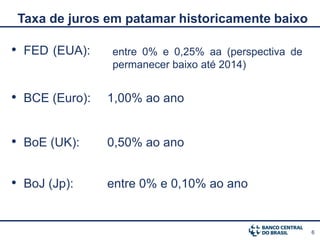 Taxa de juros em patamar historicamente baixo

• FED (EUA):    entre 0% e 0,25% aa (perspectiva de
                permanecer baixo até 2014)


• BCE (Euro):   1,00% ao ano


• BoE (UK):     0,50% ao ano


• BoJ (Jp):     entre 0% e 0,10% ao ano


                                                      6
 