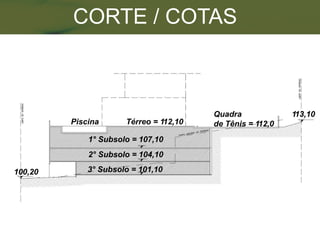 CORTE / COTAS



                                        Quadra             113,10
         Piscina      Térreo = 112,10   de Tênis = 112,0
             1° Subsolo = 107,10
             2° Subsolo = 104,10

100,20       3° Subsolo = 101,10
 