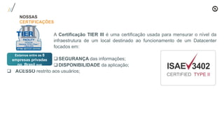NOSSAS
CERTIFICAÇÕES
A Certificação TIER III é uma certificação usada para mensurar o nível da
infraestrutura de um local destinado ao funcionamento de um Datacenter
focados em:
SEGURANÇA das informações;
DISPONIBILIDADE da aplicação;
 ACESSO restrito aos usuários;
Estamos entre as 8
empresas privadas
no Brasil que
possuem o selo
 