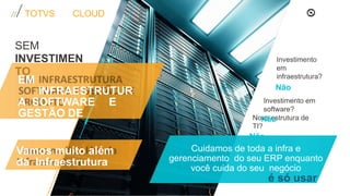 SEM
INVESTIMEN
TO
EM
INFRAESTRUTUR
A SOFTWARE E
GESTÃO DE
PRODUTO
Cuidamos de toda a infra e
gerenciamento do seu ERP enquanto
você cuida do seu negócio
é só usar
Nova estrutura de
TI?
Não
Investimento
em
infraestrutura?
Não
Investimento em
software?
Não
TOTVS CLOUD
Vamos muito além
da Infraestrutura
...
 