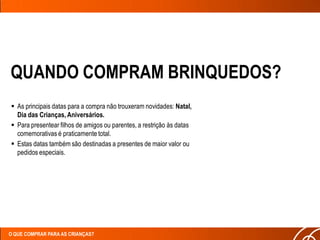 QUANDO COMPRAM BRINQUEDOS?
 As principais datas para a compra não trouxeram novidades: Natal,
  Dia das Crianças, Aniversários.
 Para presentear filhos de amigos ou parentes, a restrição às datas
  comemorativas é praticamente total.
 Estas datas também são destinadas a presentes de maior valor ou
  pedidos especiais.




O QUE COMPRAR PARA AS CRIANÇAS?
 
