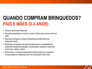 QUANDO COMPRAM BRINQUEDOS?
PAIS E MÃES (0-3 ANOS)
 Compra muito mais frequente.
 Pequenos presentes no mínimo a cada 15 dias (mais comum entre os
  pais).
 Busca por entregar à criança brinquedos que estimulem seu
  desenvolvimento.
 Mudanças constantes nas crianças estimulam a necessidade de
  presentes frequentes (dentição, coordenação, resposta a estímulos
  como sons, luzes e outros).
 Entre mães, a compra já nessa faixa etária mostra-se vinculada à
  compensação ou negociação (por se comportarem bem etc.).




O QUE COMPRAR PARA AS CRIANÇAS?
 