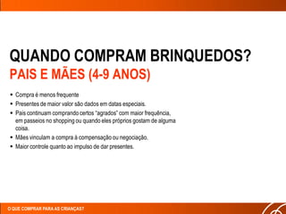 QUANDO COMPRAM BRINQUEDOS?
PAIS E MÃES (4-9 ANOS)
 Compra é menos frequente
 Presentes de maior valor são dados em datas especiais.
 Pais continuam comprando certos “agrados” com maior frequência,
  em passeios no shopping ou quando eles próprios gostam de alguma
  coisa.
 Mães vinculam a compra à compensação ou negociação.
 Maior controle quanto ao impulso de dar presentes.




O QUE COMPRAR PARA AS CRIANÇAS?
 