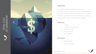 OBJETIVO
Este módulo visa atender profissionais de Compras no
conhecimento técnico da cadeia de custos, de materiais e serviços
que envolve a base de fornecimento. Esta técnica é muito útil para
entender o custo total da cadeia de fornecimento e que a decisão
de compra afeta inúmeros outros custos para a empresa.
APLICAÇÃO
1. Material de Apoio
2. Exercícios com Cases
MÓDULOS
1. Conceito
2. O Papel dos Custos anteriores
3. Elementos do TCO
4. Processos do TCO
5. Case + Aplicação
Carga Horária: 4 horas
Recomendado para pequenos grupos ou no máximo 15 participantes
TOTALCOST
OFOWNERSHIP
 
