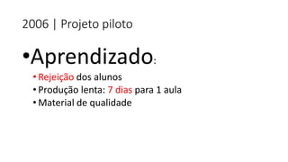 2006 | Projeto piloto 
•Aprendizado: 
•Rejeiçãodos alunos 
•Produção lenta: 7 diaspara 1 aula 
•Material de qualidade  